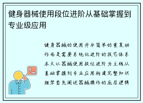 健身器械使用段位进阶从基础掌握到专业级应用