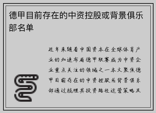 德甲目前存在的中资控股或背景俱乐部名单