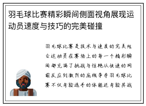羽毛球比赛精彩瞬间侧面视角展现运动员速度与技巧的完美碰撞